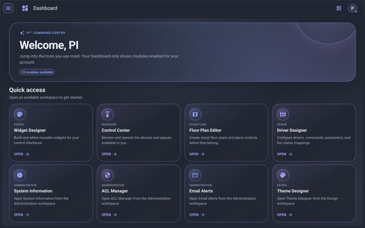 Real PI™ - Command Center Dashboard with role-aware quick access to enabled workspaces